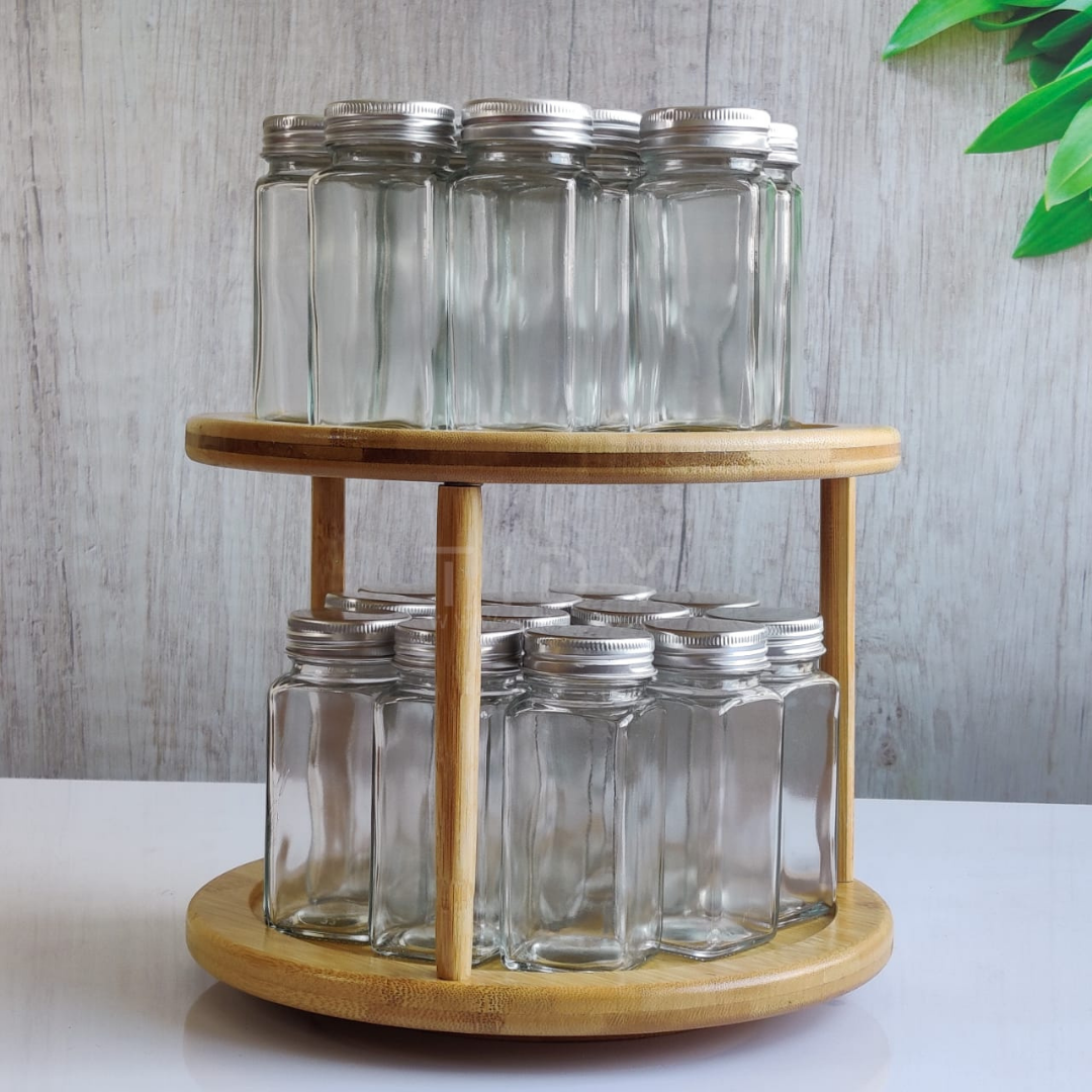 Kitchen Affections | Rotating Square Bamboo Countertop Spice Rack |16 Glass Jars and Lids